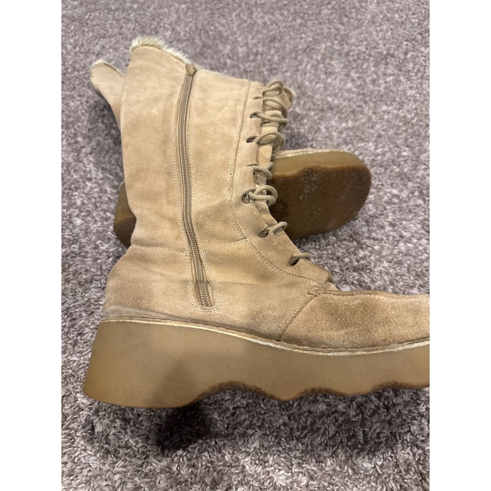 Tan Suede Faux Fur Trim Platform Lace Up Boots Tall Side Zip womens Size 38